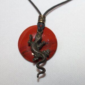 Unisex Red Jasper Gemstone Leather Cord Pendent 30" with Lizard